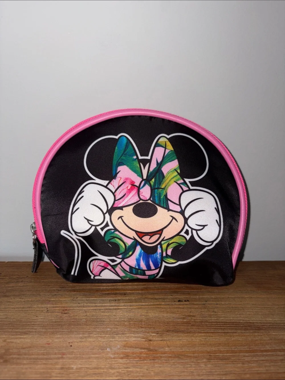 Minnie Mouse Floral Print Cosmetic Pouch - Black & Pink